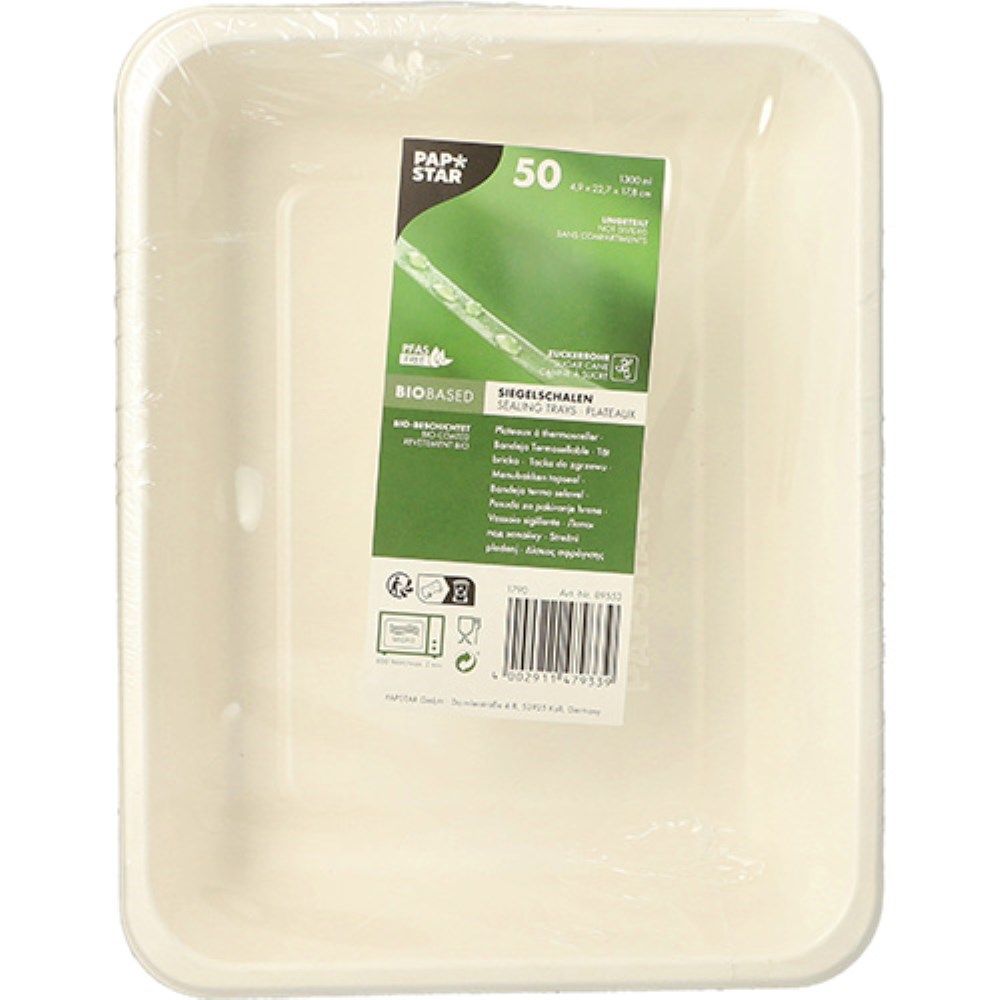 50 Siegelschalen Zuckerrohr, PLA beschichtet ungeteilt 1300 ml 4,9 cm x 22,7 cm x 17,8 cm
