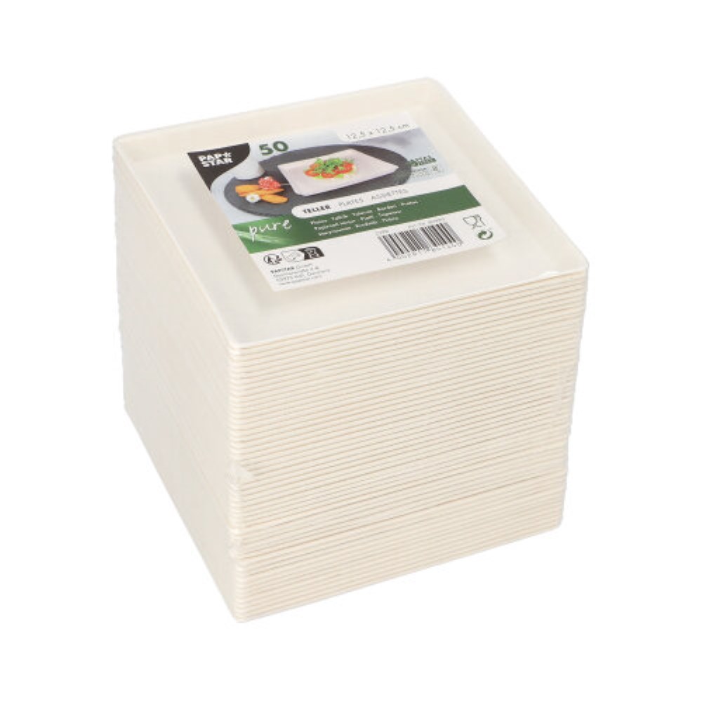 50 Teller Zuckerrohr "pure" eckig 12,5 cm x 12,5 cm x 1 cm weiss "Cella"