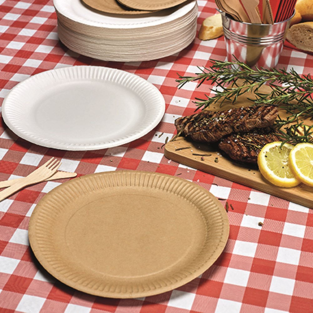 100 Teller, Pappe "pure" rund Ø 29 cm · 2 cm weiss 50 Teller, Pappe "pure" rund Ø 23 cm braun