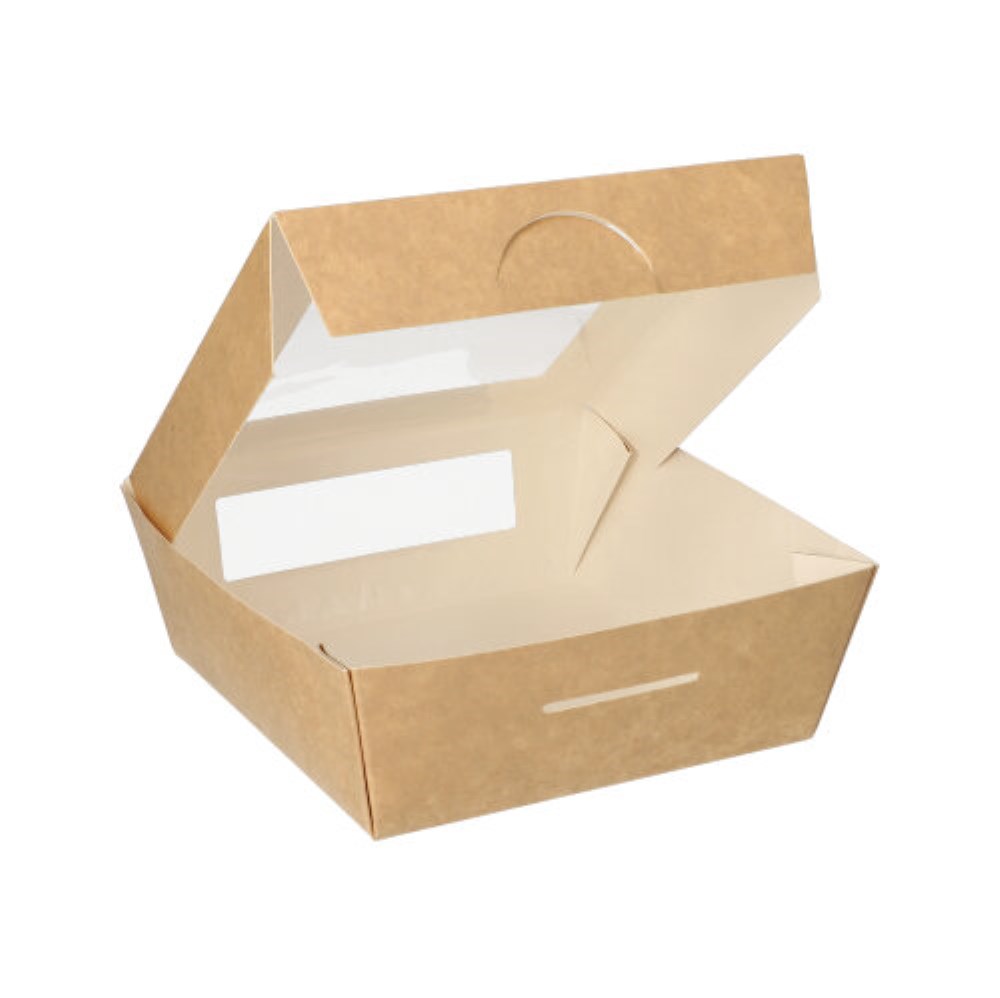 25 Feinkostboxen, Pappe mit Sichtfenster aus PLA eckig 750 ml 14 cm x 14 cm x 5 cm braun