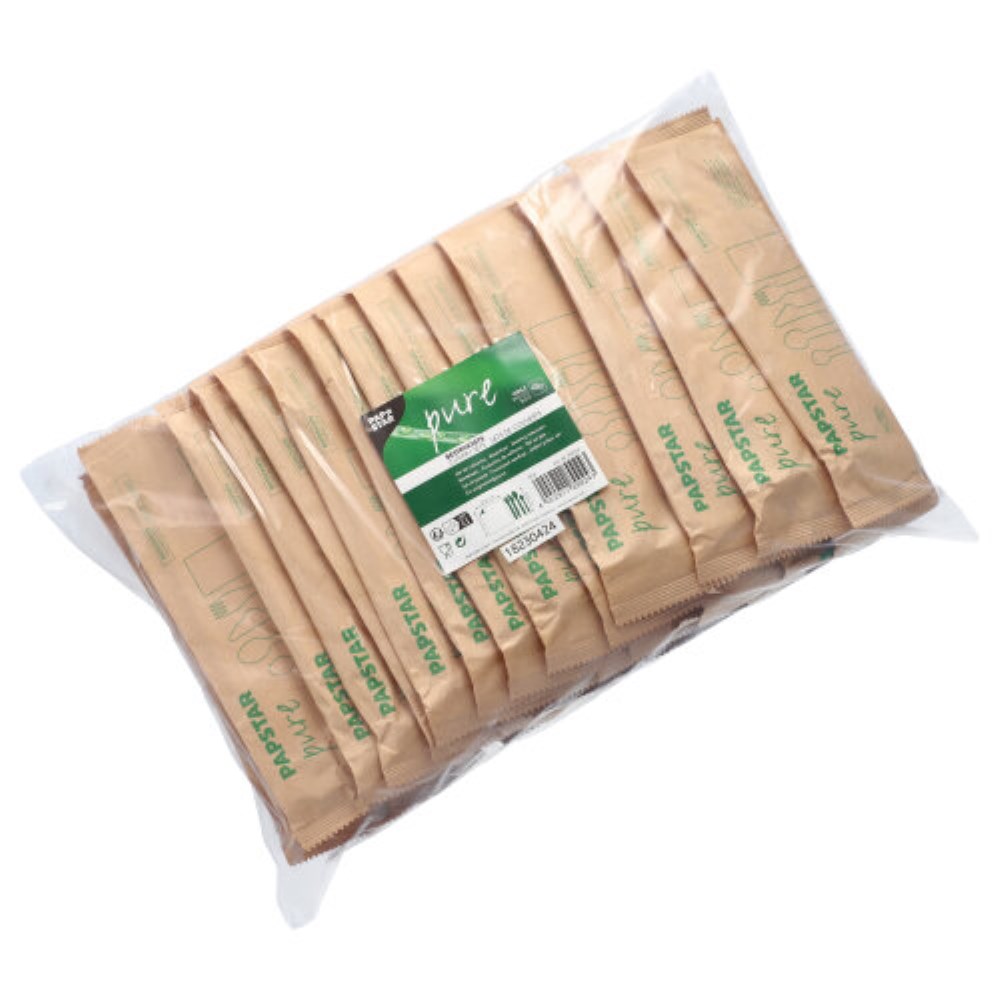 50 Bestecksets Holz "pure" : Messer, Gabel, Löffel, Kaffeelöffel, Serviette in Papierbeutel