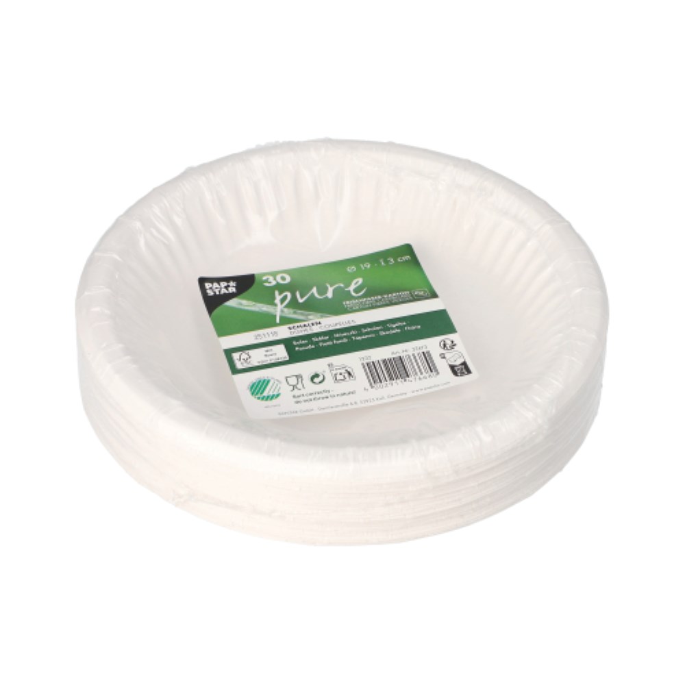 30 Schalen, Pappe "pure" rund Ø 19 cm · 3 cm weiss