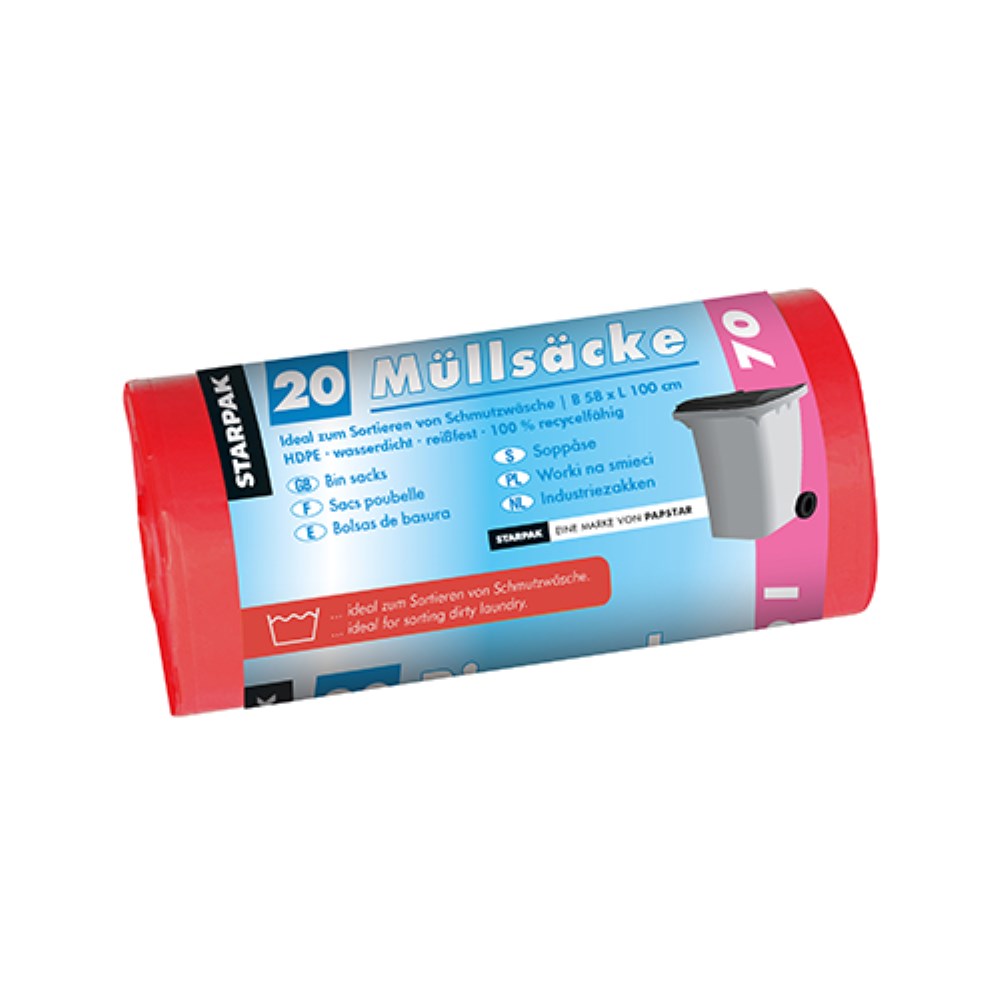 20 Müllsäcke, HDPE 70 l 100 cm x 58 cm rot 23 my