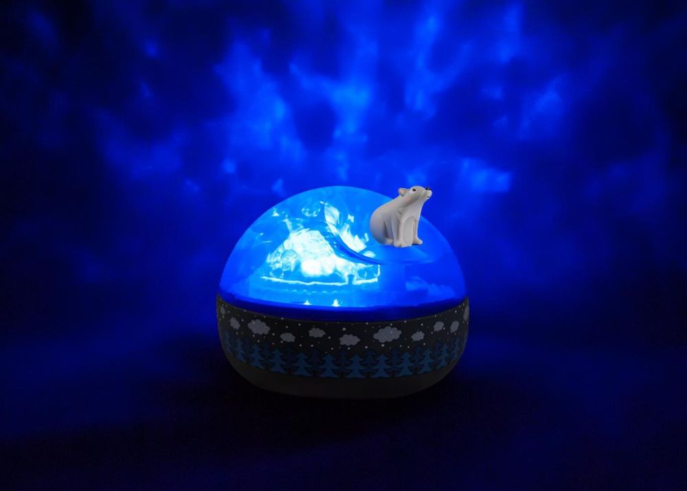 Bär auf der Bank - Nachtlicht - ideales Geburtsgeschenk - Polarlicht mit Musik - Rotierende Figur - Batterien inklusive
