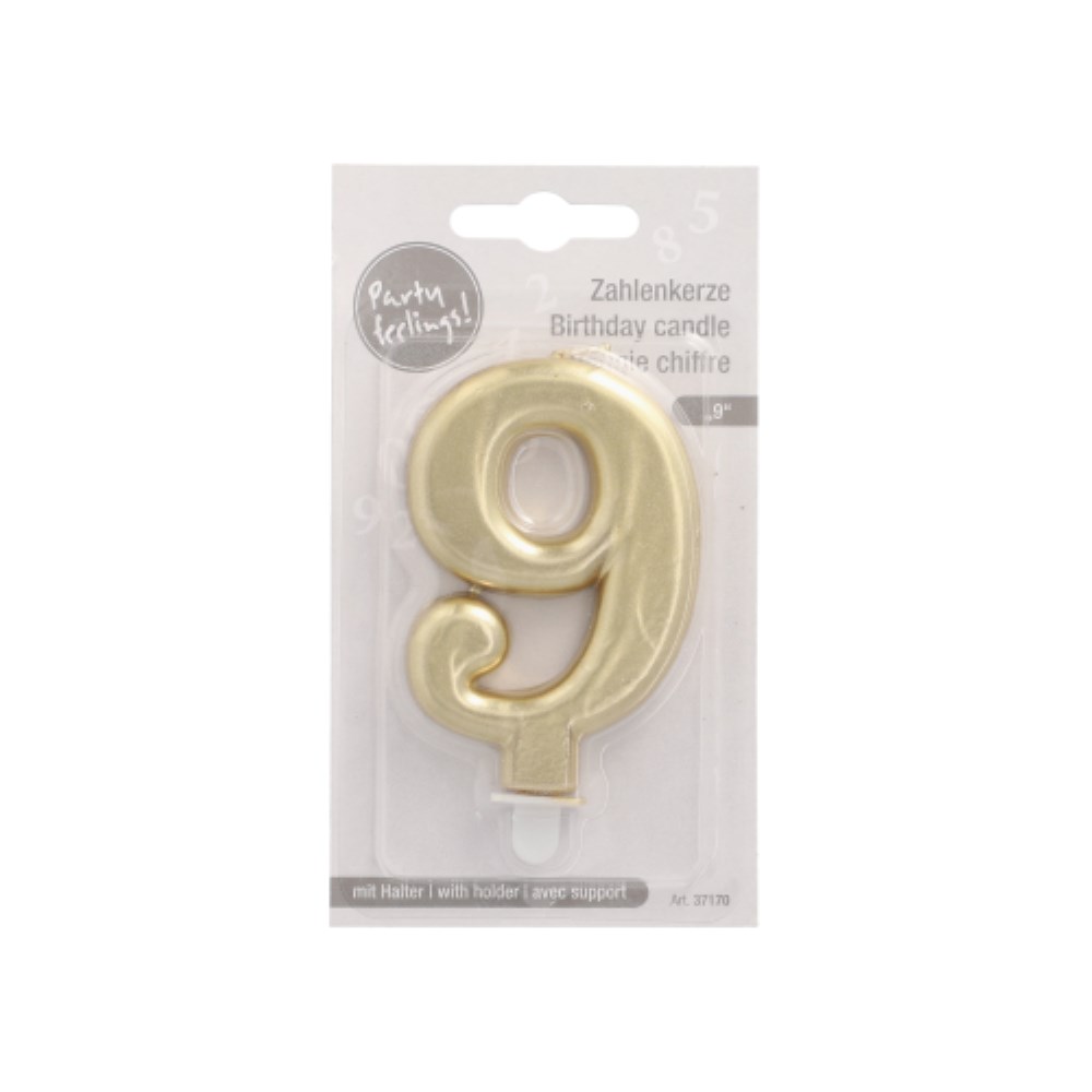Zahlenkerze mit Halter 7 cm gold "9"