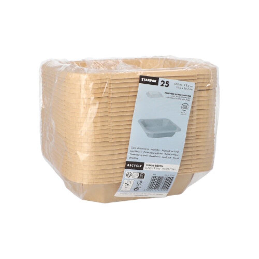 25 Lunchboxen, Pappe eckig 500 ml 3,3 cm x 16,2 cm x 16,2 cm braun