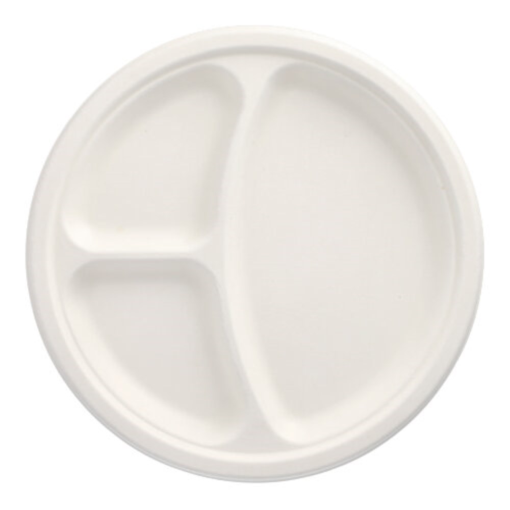 50 Teller, Zuckerrohr "pure" 3-geteilt Ø 26 cm · 2 cm weiss 50 Teller, Zuckerrohr "pure" 3-geteilt Ø 26 cm · 2 cm weiss