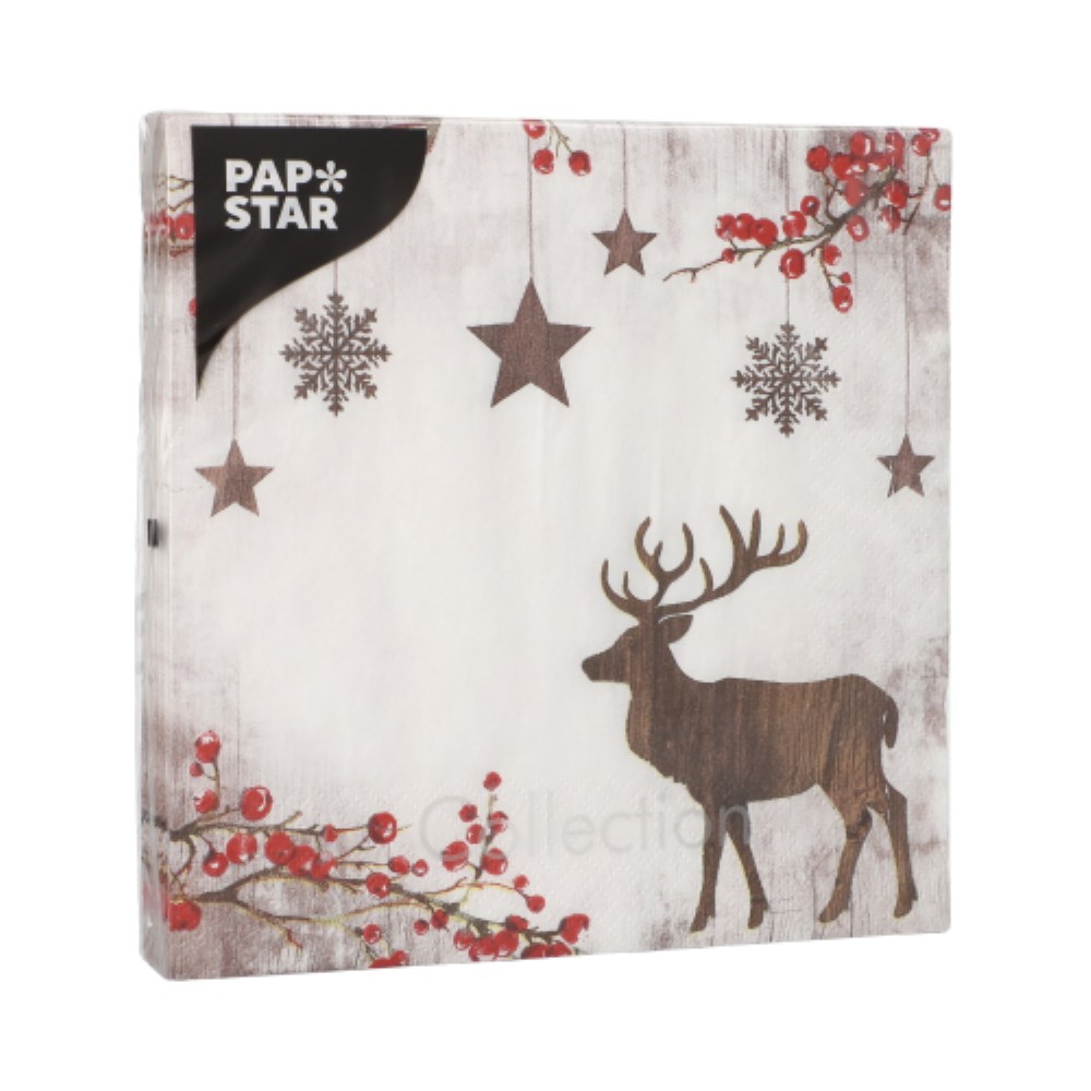 20 Servietten, 3-lagig 1/4-Falz 33 cm x 33 cm "X-Mas Deer"