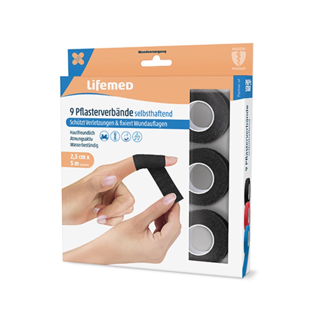 9 Rollen Pflaster / Bandagen selbsthaftend 5 m x 2,5 cm schwarz