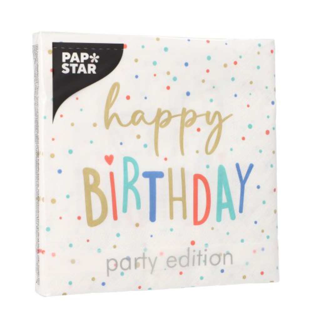 20 Servietten, 3-lagig 1/4-Falz 33 cm x 33 cm "Happy Birthday"
