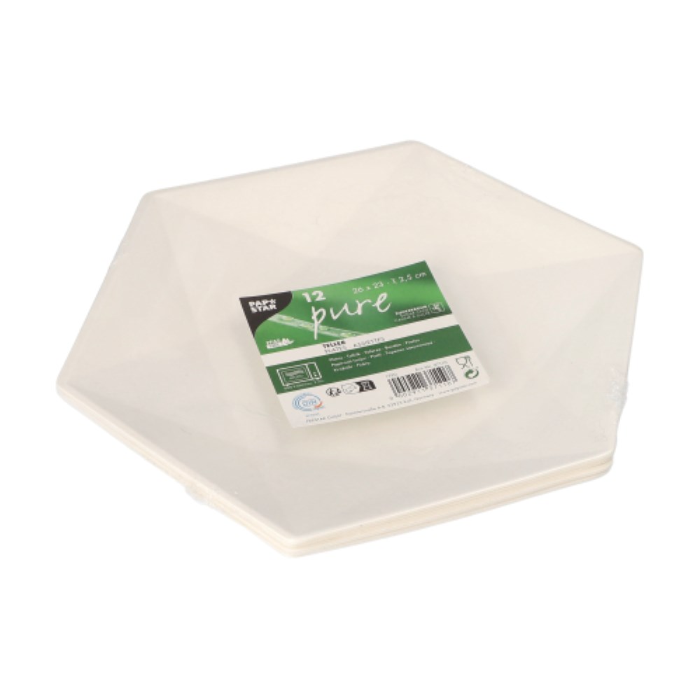 12 Teller Zuckerrohr "pure" 6-eckig 2,5 cm x 26 cm x 23 cm weiss "Diamond"