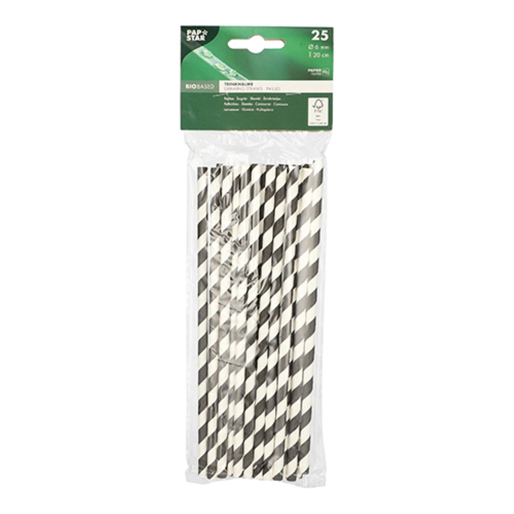 25 Trinkhalme, Papier Ø 6 mm · 20 cm schwarz/weiss "Stripes"