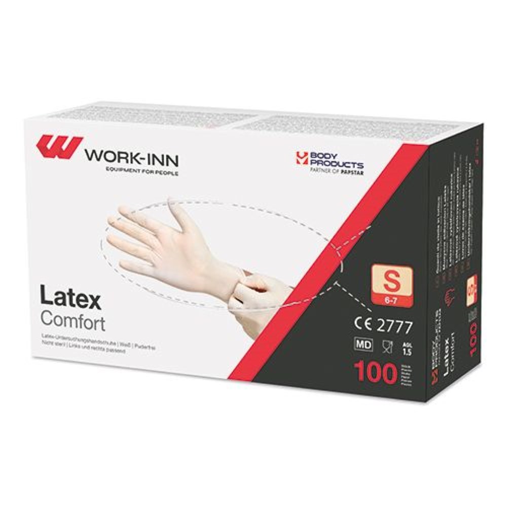 100 "WORK-INN" Handschuhe, Latex puderfrei "Comfort" weiss - natur Größe: S