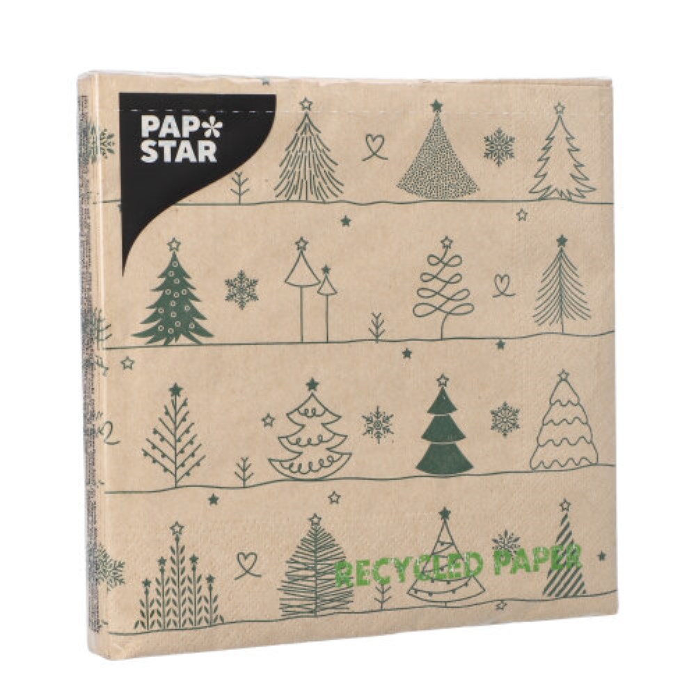 20 Servietten, 3-lagig 1/4-Falz 33 cm x 33 cm natur "Various X-Mas Trees" aus recyceltem Papier