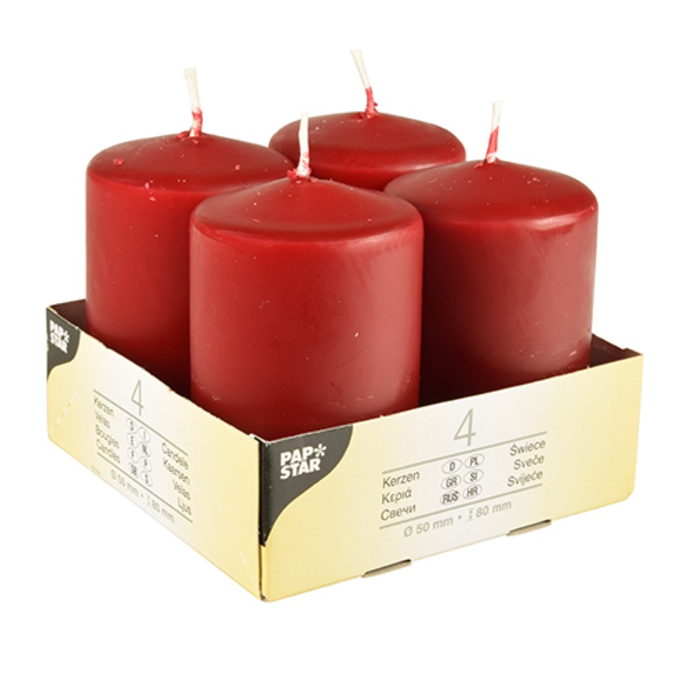 4 Stumpenkerzen Ø 50 mm · 80 mm bordeaux