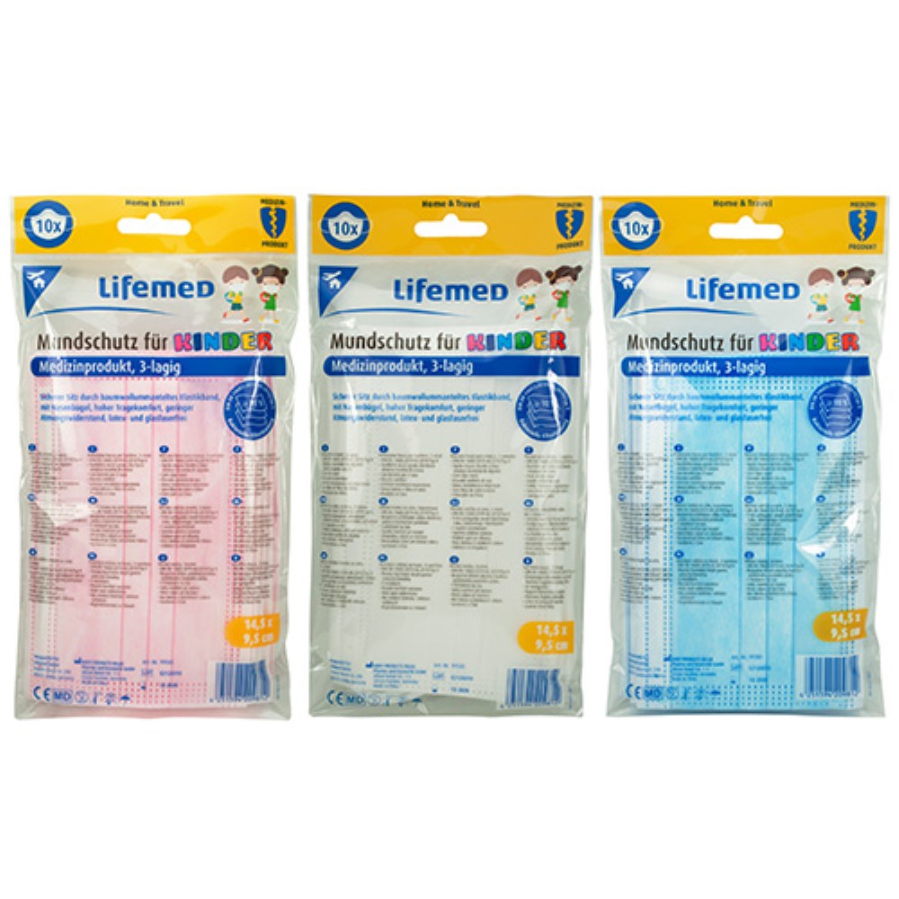 10 "Lifemed" Kinder-Mundschutz 3-lagig 9,5 cm x 14,5 cm farbig sortiert mit Nasenbügel