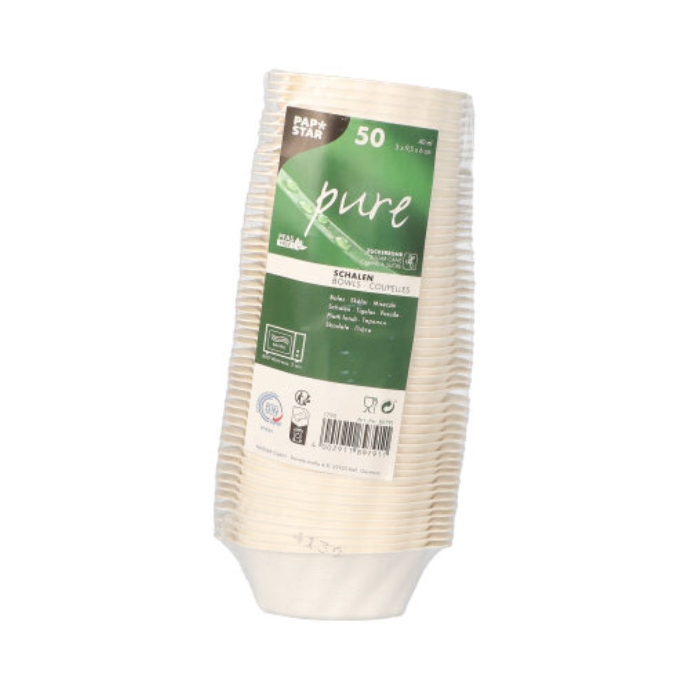 50 Fingerfood - Schalen Zuckerrohr "pure" 40 ml 3 cm x 9,5 cm x 6 cm weiss "Wave"