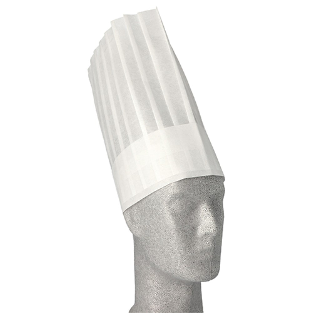 5 "WORK-INN/-PS" Kochmützen, Vlies 30 cm x 28 cm weiss "Toskana" größenverstellbar, gelegte Falten