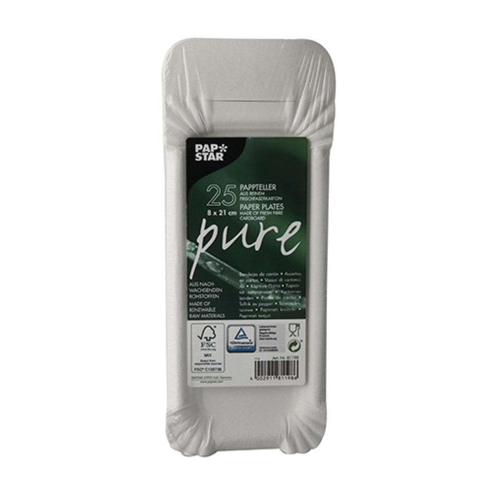25 Teller, Pappe "pure" eckig 8 cm x 21 cm weiss mit Anfasser