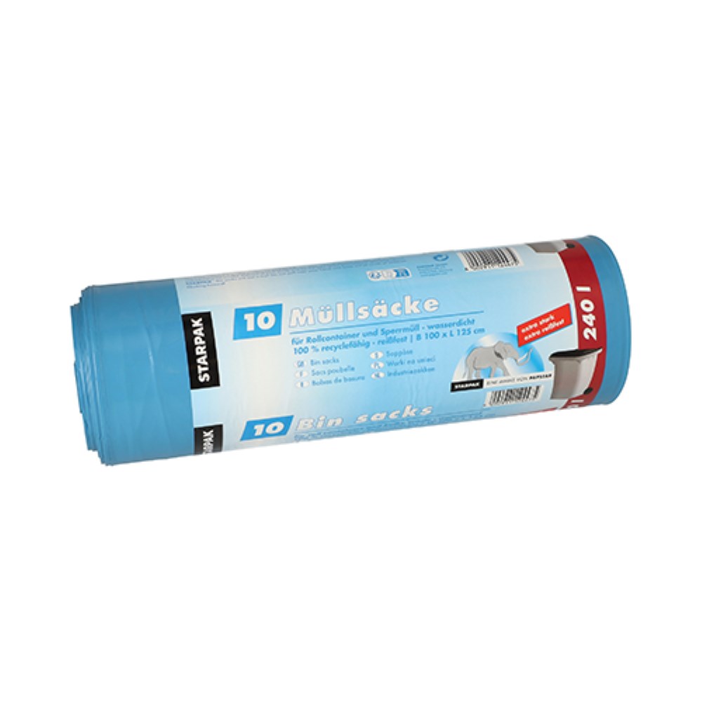 10 Müllsäcke, LDPE 240 l 125 cm x 100 cm blau extra stark und extra reißfest, 60 my