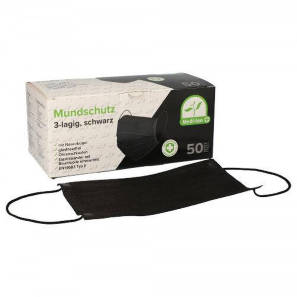50 "Medi-Inn®" Mundschutz Type II 3-lagig 9 cm x 17,5 cm schwarz mit Nasenbügel