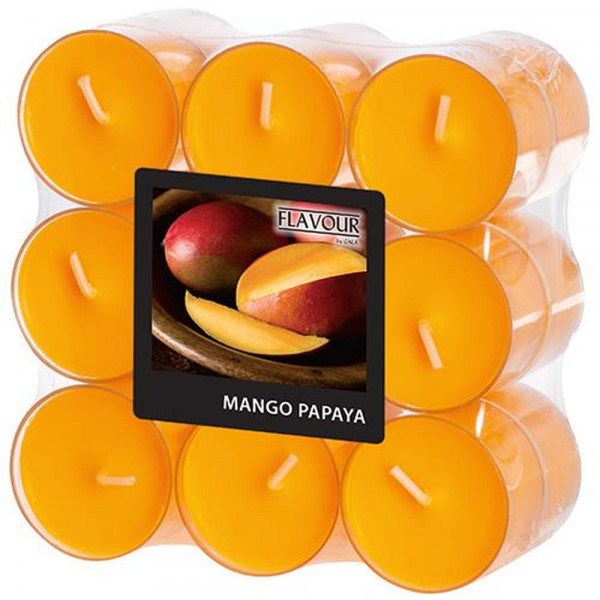 18 "Flavour by GALA" Duftlichte Ø 38 mm · 24 mm pfirsich - Mango-Papaya in Polycarbonathülle