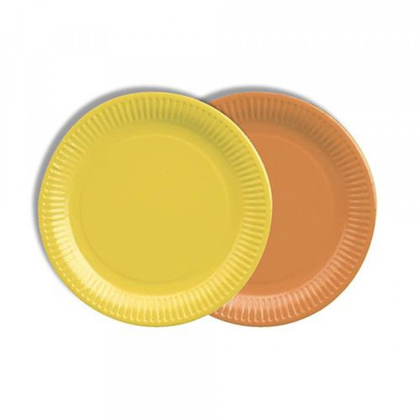 12 Teller, Pappe rund Ø 18 cm farbig sortiert - gelb/orange