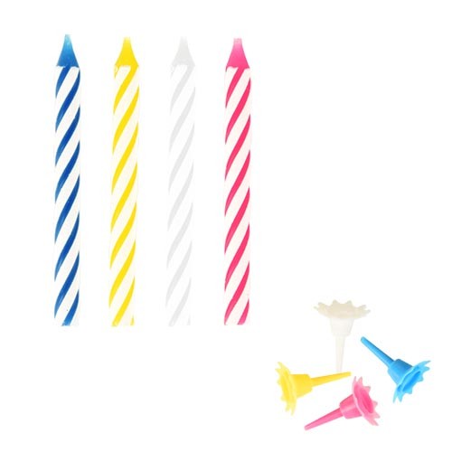 24 Geburtstagskerzen mit Halter 6 cm farbig sortiert